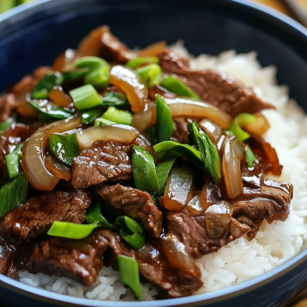 Delicious Chinese beef stir-fry with onions served in a bowl.