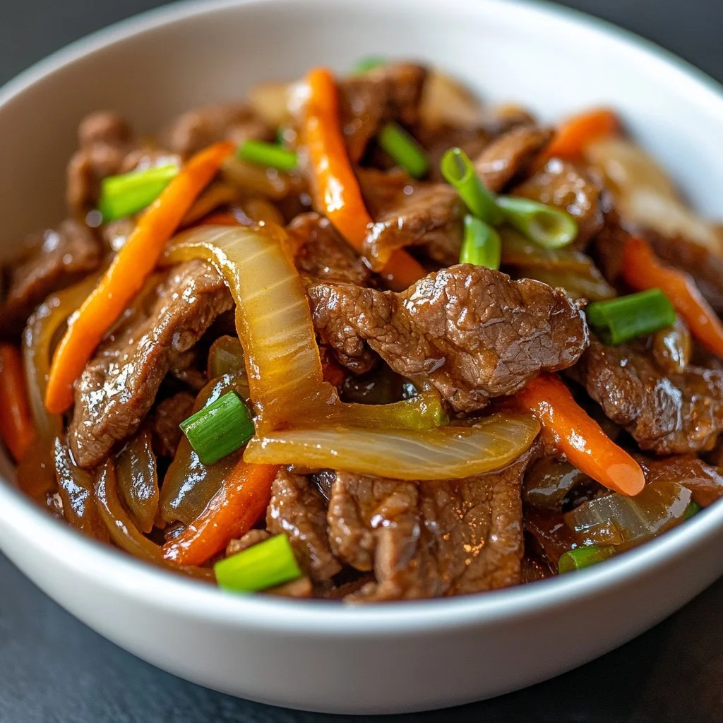 Chinese Beef and Onion Stir-Fry served in a bowl with chopsticks