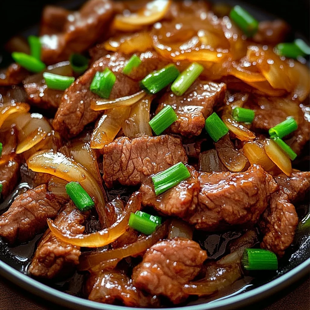 Chinese beef stir fry with caramelised onions served in a bowl