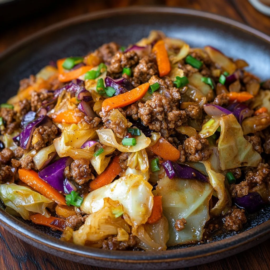Stir-fried minced beef with cabbage in a wok, showcasing a delicious beef stir-fry dish.
