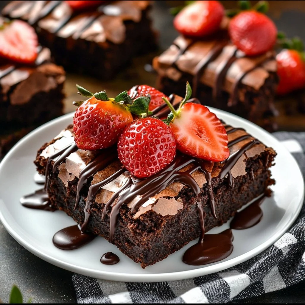 Delicious chocolate covered strawberry brownies with fresh strawberries on top.