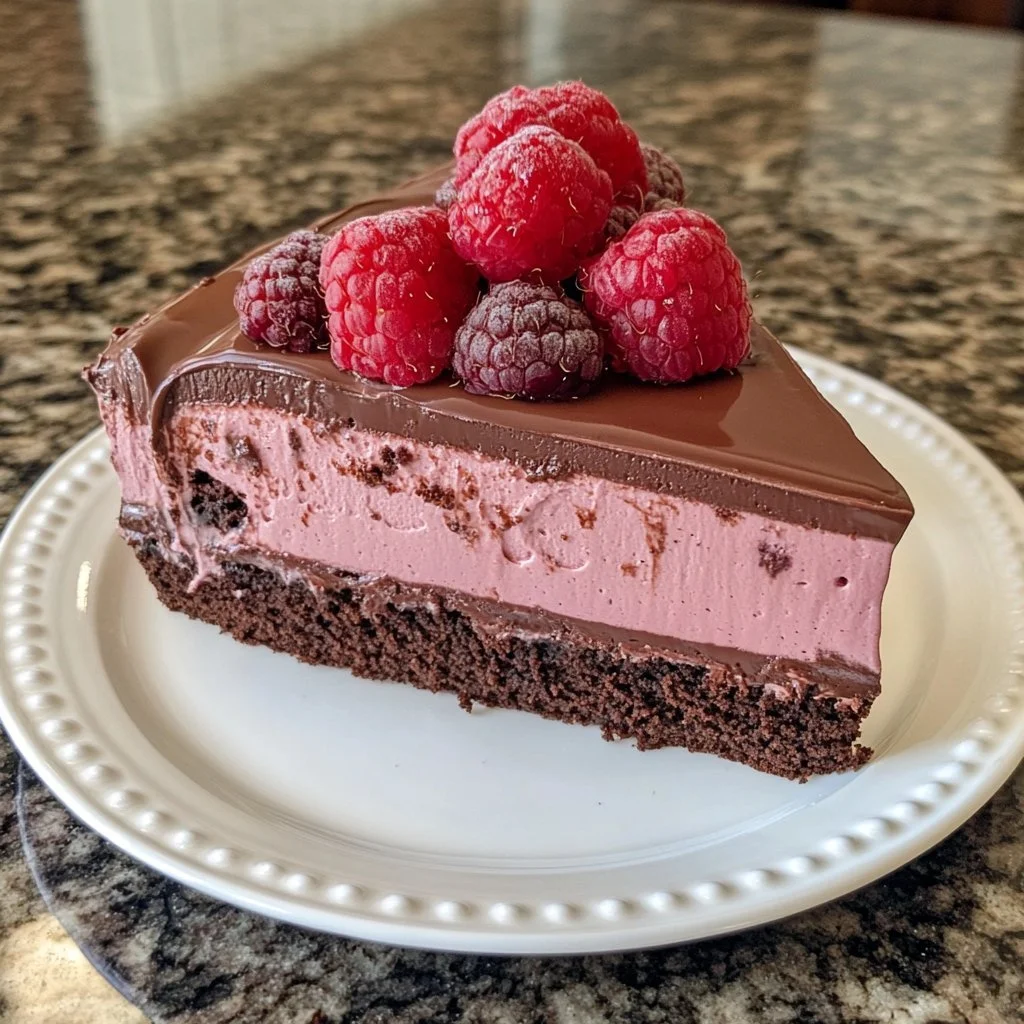 Decadent Chocolate Raspberry Mousse Cake with fresh raspberries and chocolate ganache