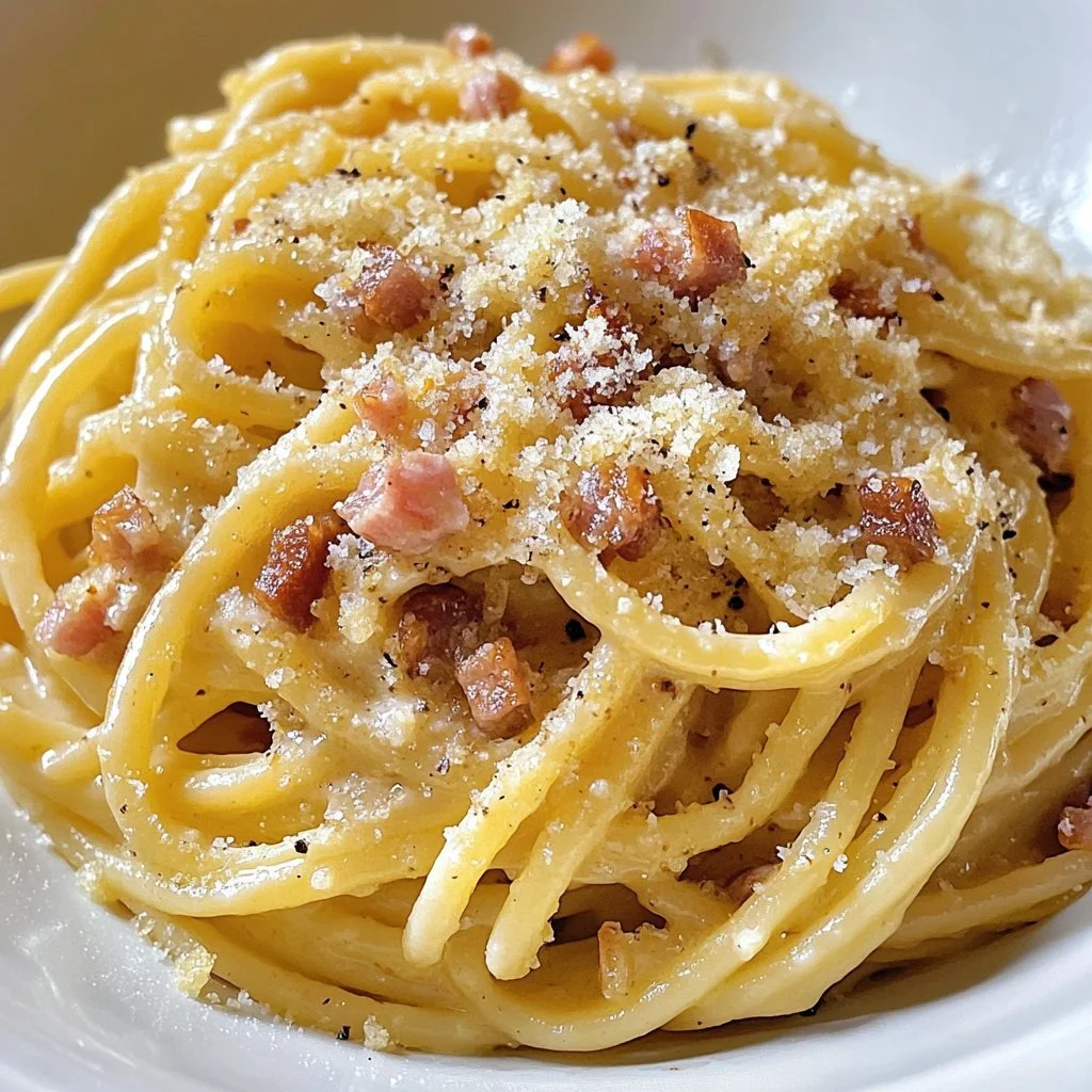Delicious classic Carbonara pasta garnished with parsley and grated cheese