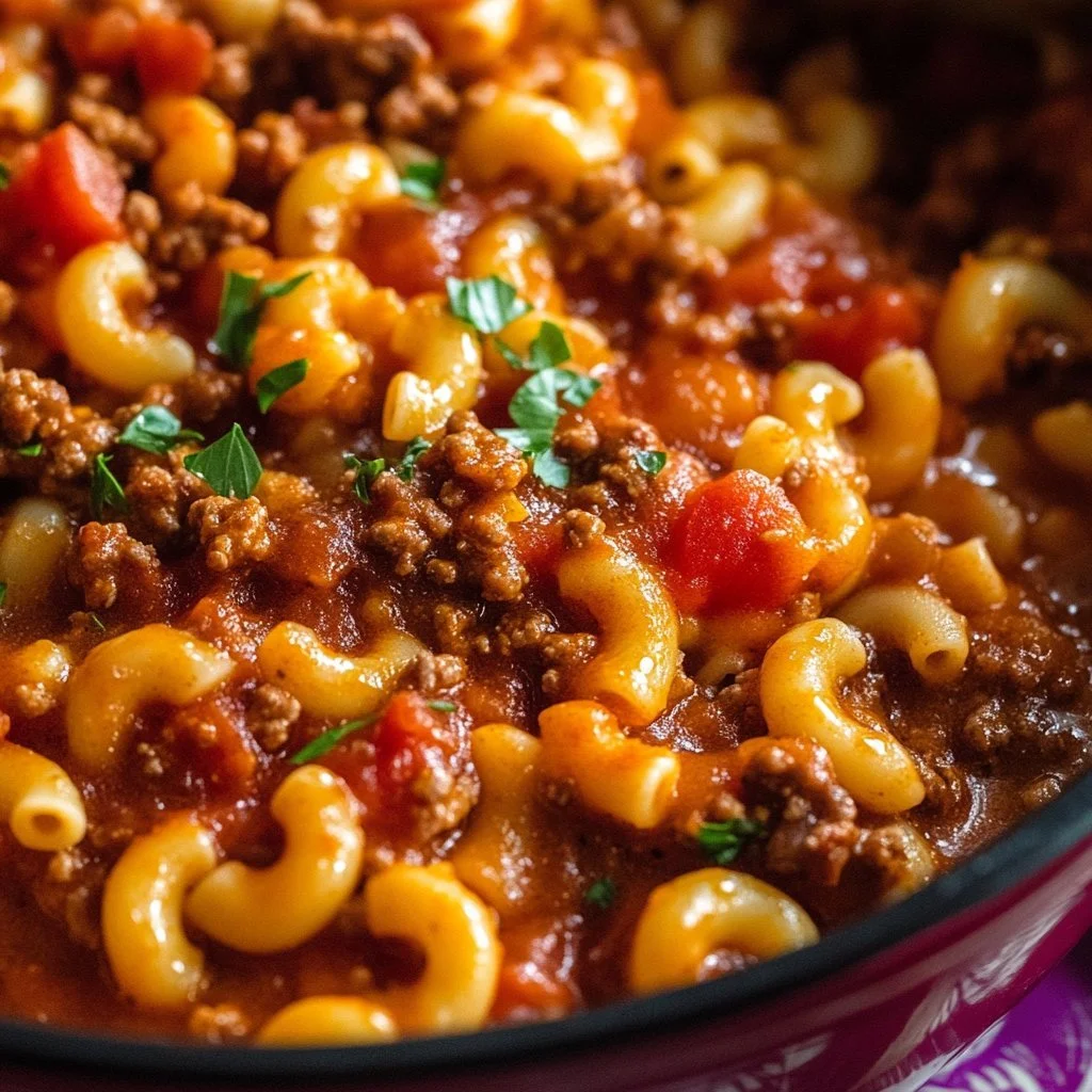 Bowl of classic goulash with pasta and vegetables