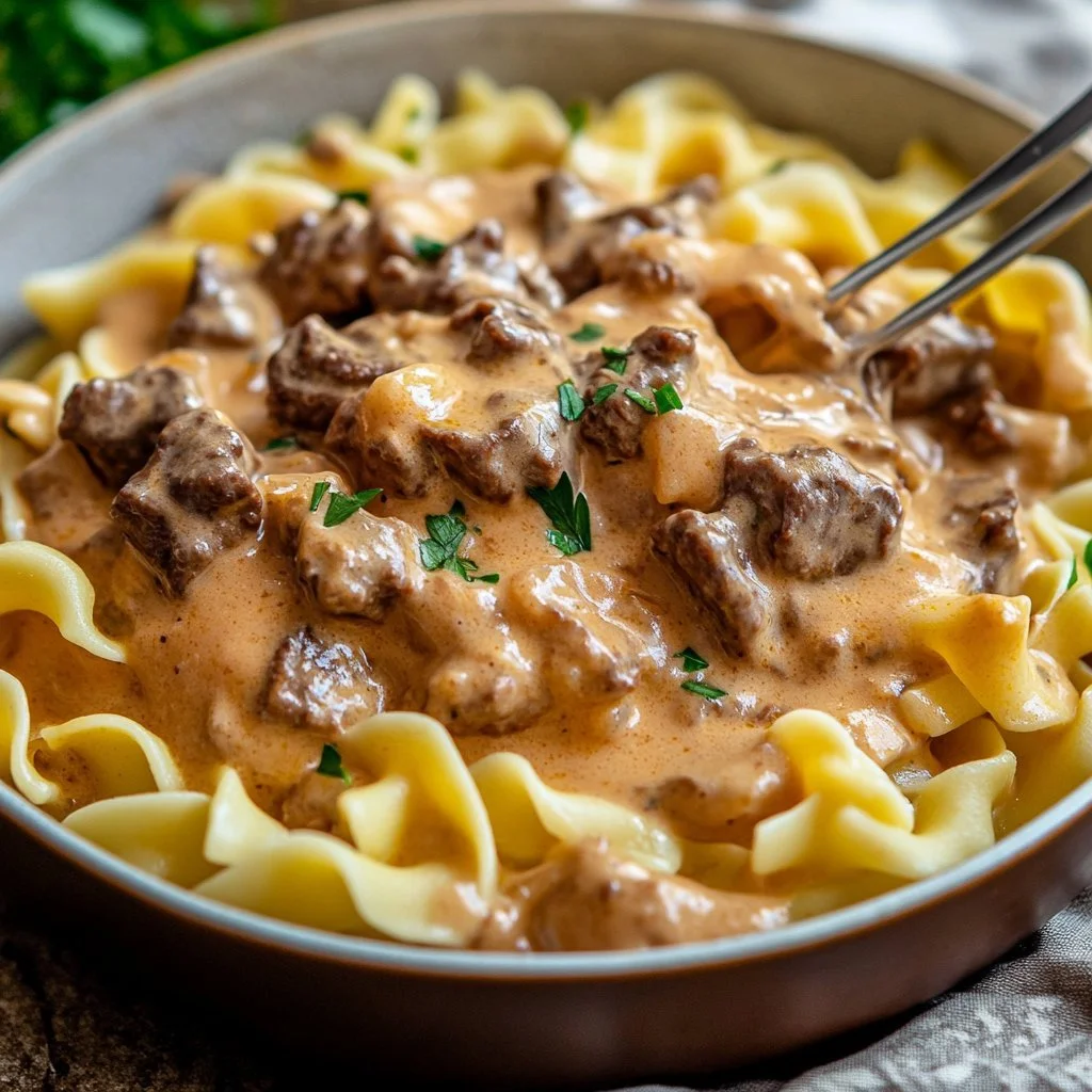 Homemade Hamburger Helper beef stroganoff served in a bowl