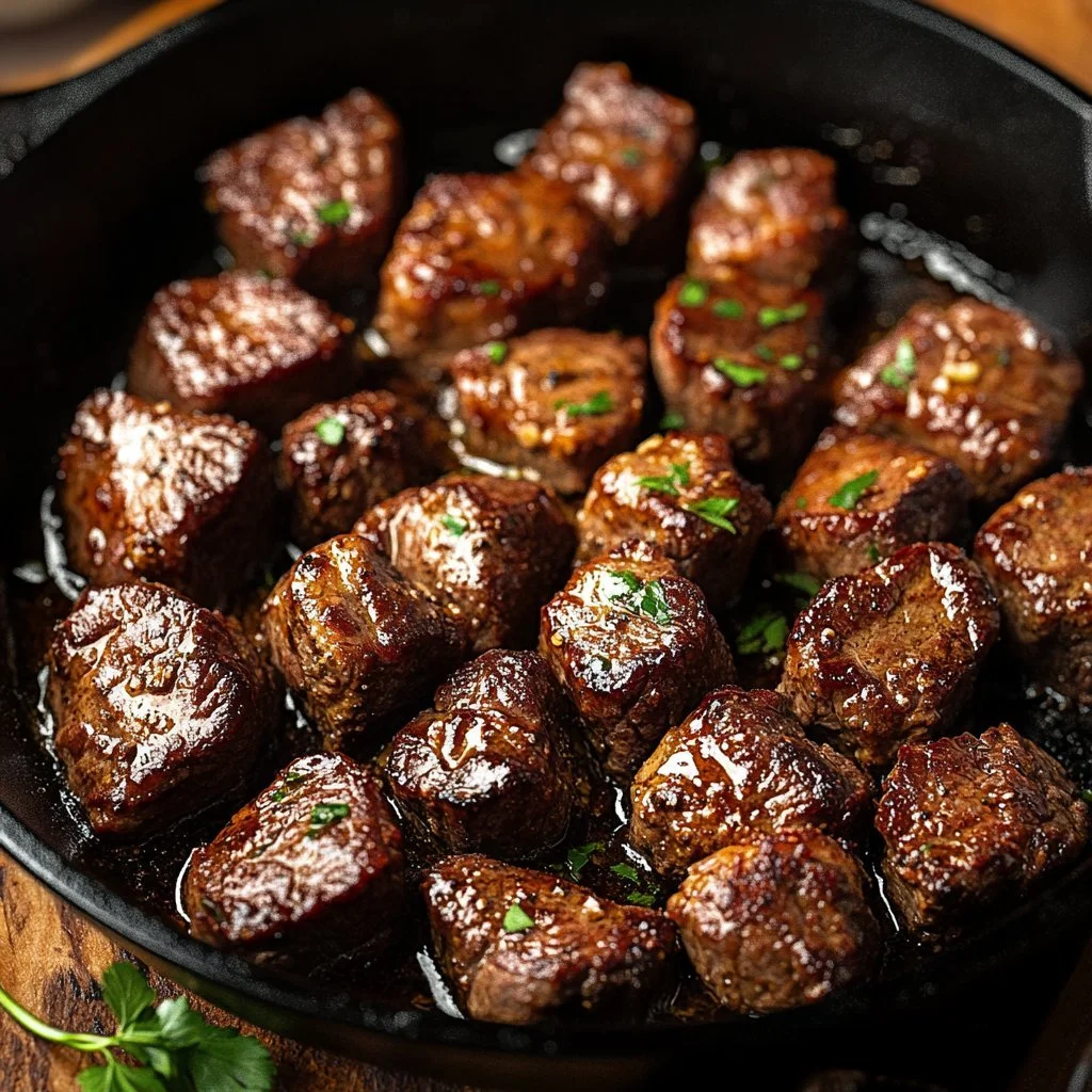Delicious Cowboy Butter Steak Bites served with garlic herb butter