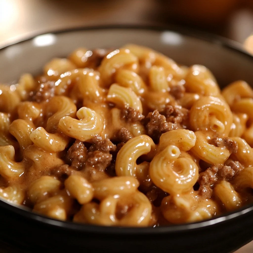 A delicious serving of creamy beef pasta in a bowl garnished with parsley.