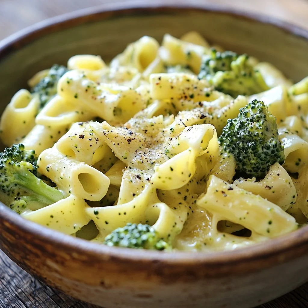 Creamy Broccoli Pasta served in a bowl with fresh herbs and grated cheese