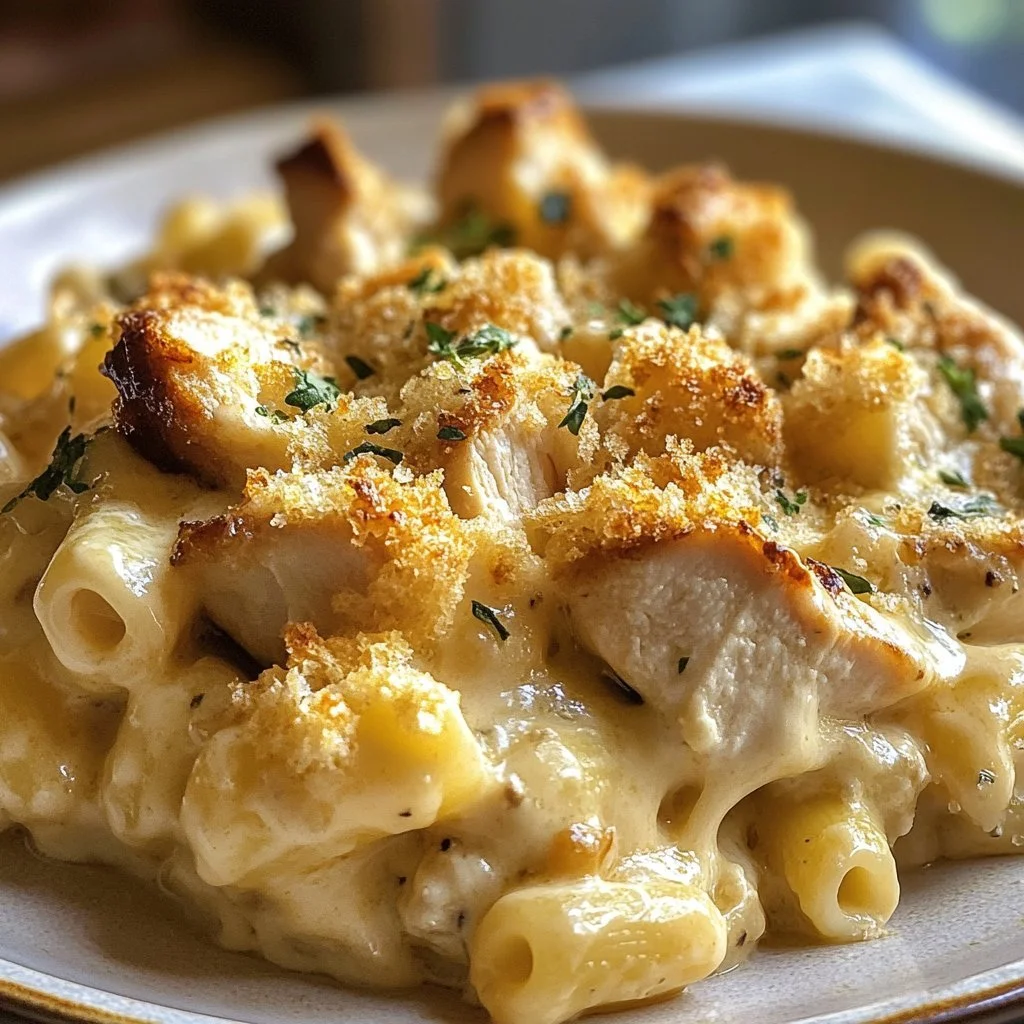 Creamy chicken macaroni and cheese in a bowl, topped with herbs.