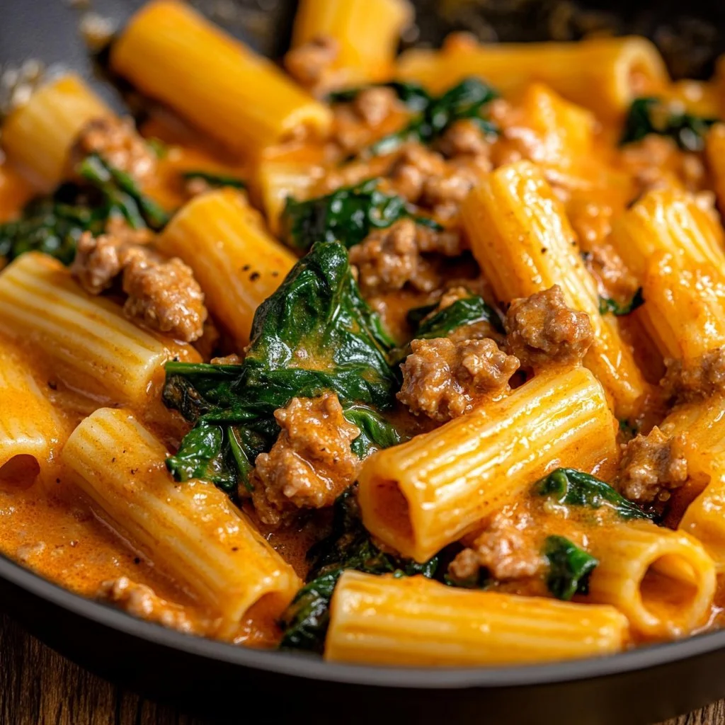 Creamy sausage rigatoni with spinach, garlic, and tomato cream sauce dish