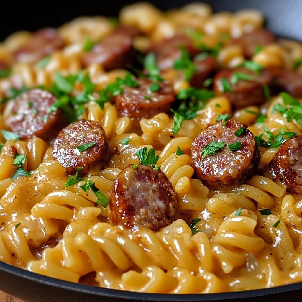 Delicious creamy smoked sausage pasta served in a bowl with herbs