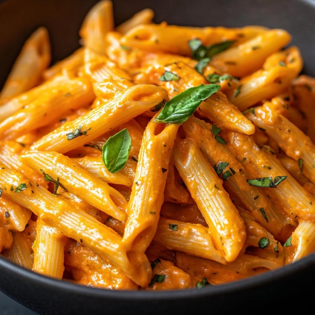 Delicious creamy tomato pasta served in a bowl, garnished with herbs.