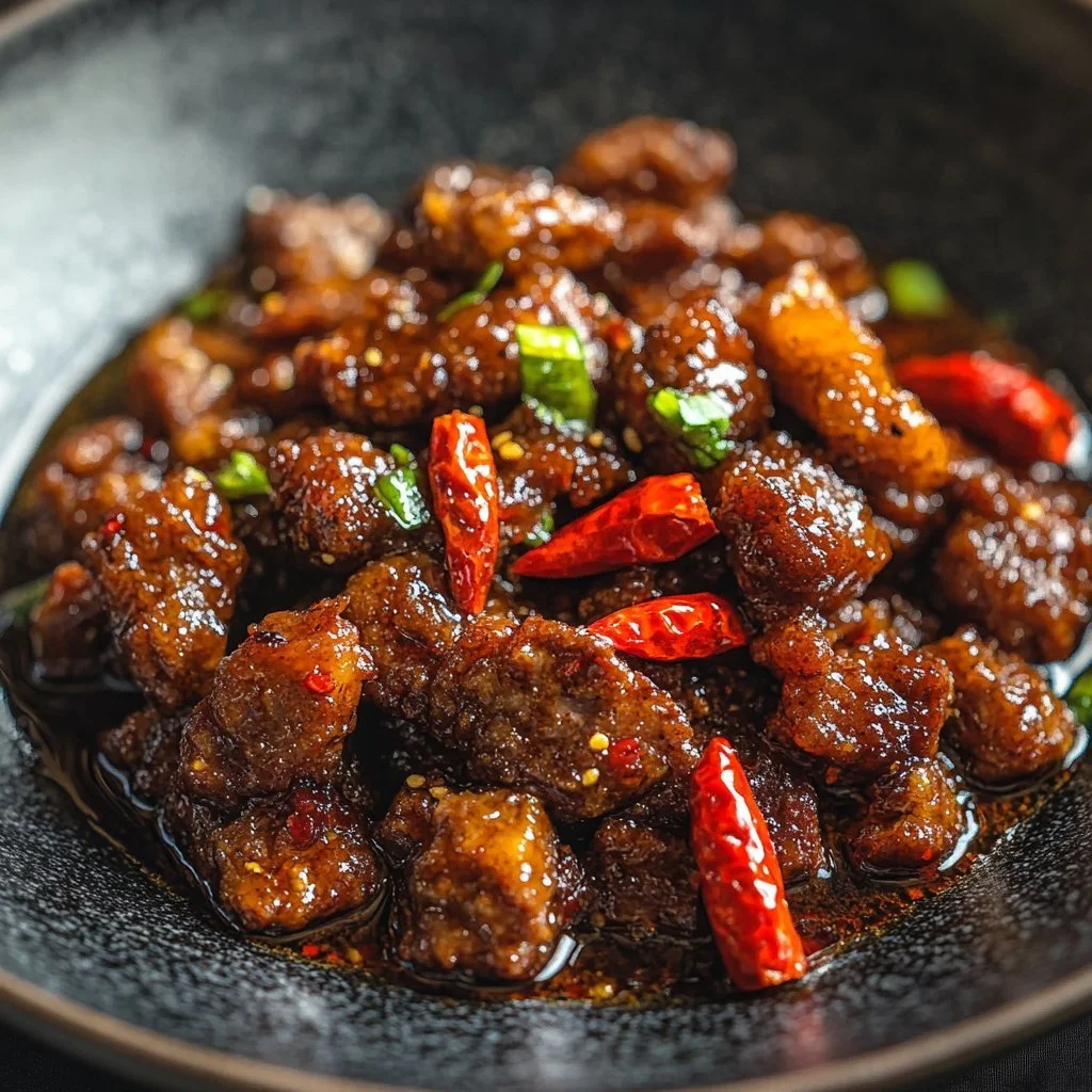 Delicious crispy chilli beef served with vibrant vegetables and aromatic sauce