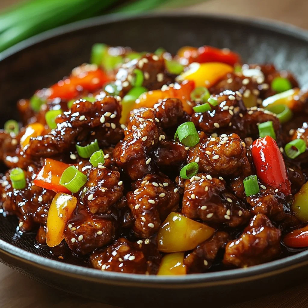 Delicious crispy chilli beef served on a plate with vibrant vegetables.