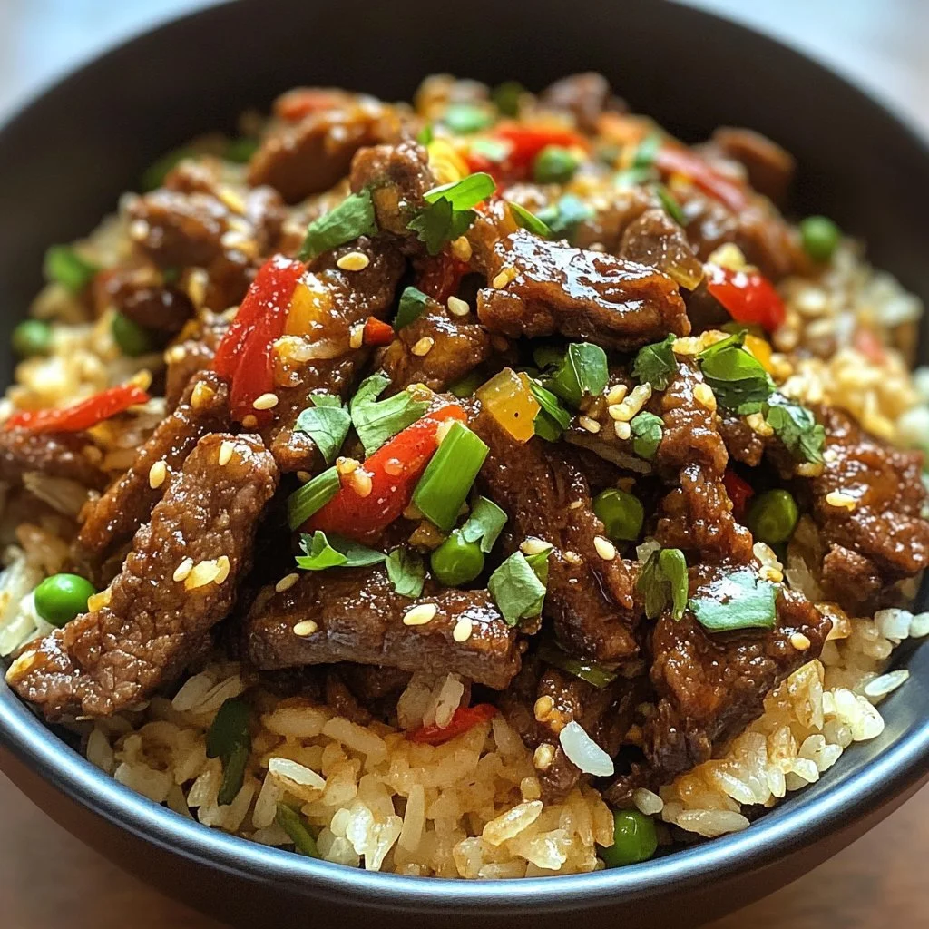 Delicious crispy chilli beef served over rice, garnished with spring onions