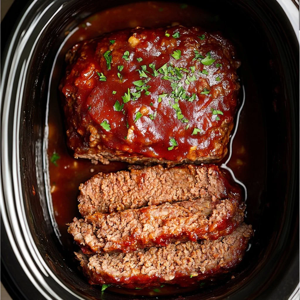 Delicious crockpot meatloaf ready to serve with vegetables