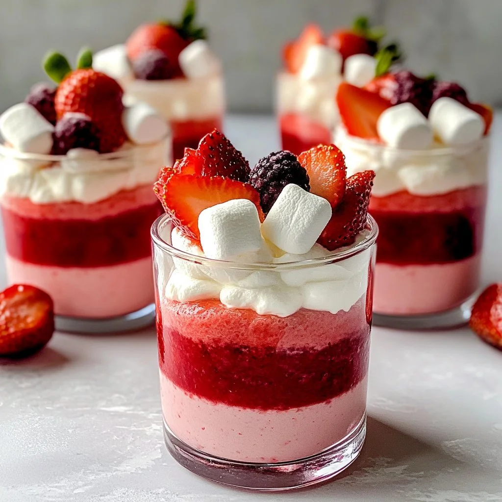 Delicate strawberry mousse garnished with fresh strawberries and whipped cream