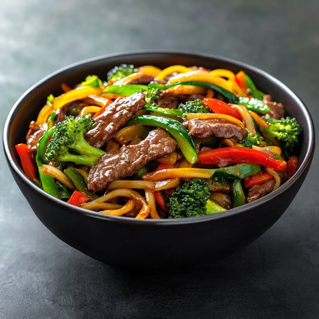 Quick beef stir-fry with noodles served in a bowl, ready to enjoy.
