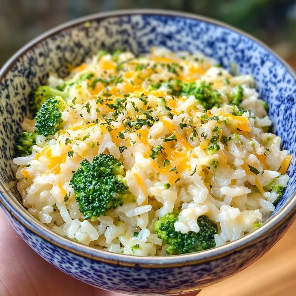 Delicious bowl of easy broccoli cheese rice with melted cheese and fresh broccoli