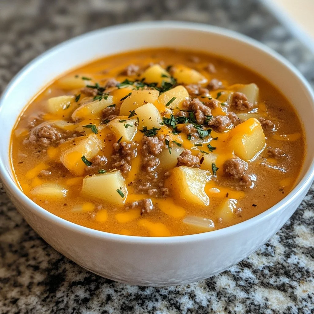 Bowl of easy cheesy hamburger potato soup topped with cheese and herbs