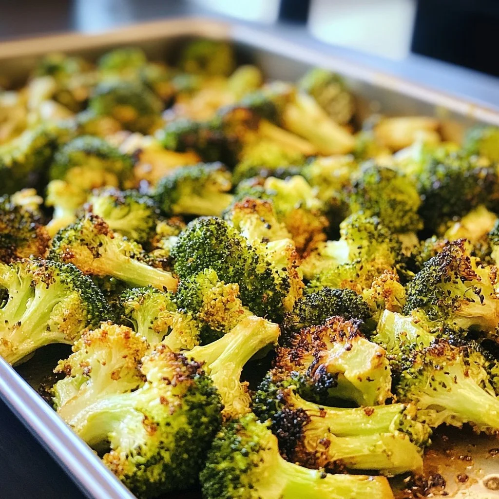 Crispy oven-roasted broccoli with seasoning on a baking tray