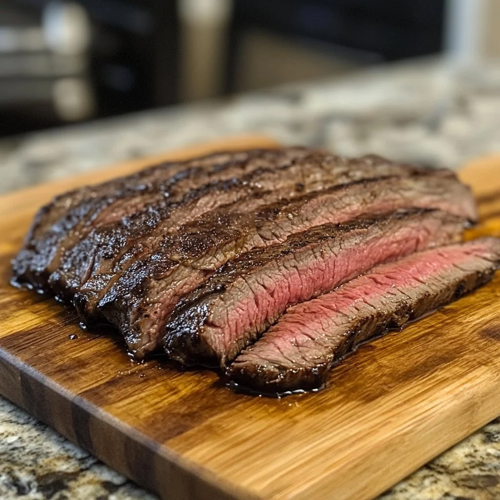 A deliciously cooked flank steak on a grill, showcasing juicy textures and seasoning.