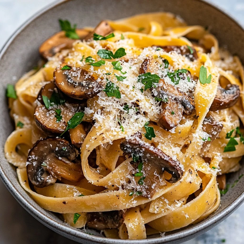 Delicious easy garlic mushroom pasta garnished with parsley