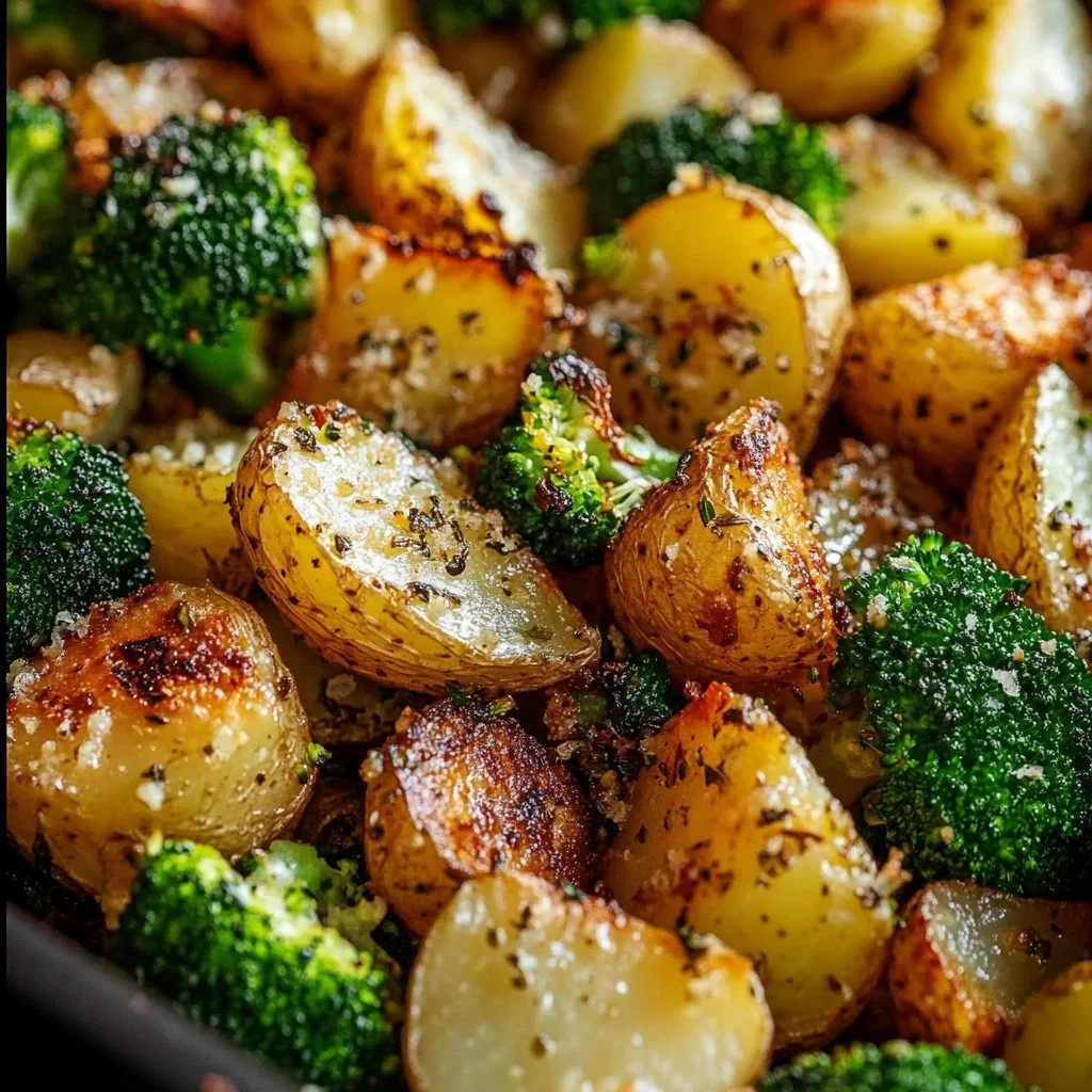 Delicious easy roasted potatoes and broccoli on a serving plate.
