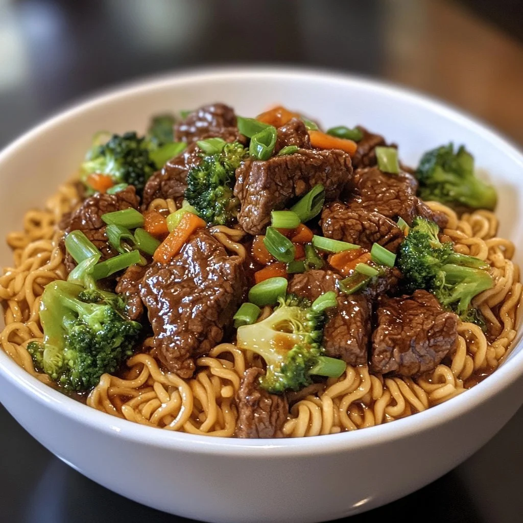A plate of easy sticky beef noodle stir-fry garnished with vegetables.