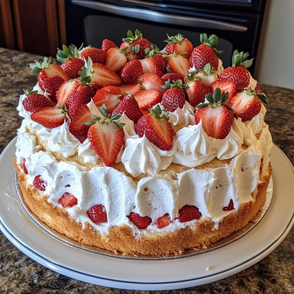 Deliciously fluffy easy strawberry angel food cake topped with fresh strawberries