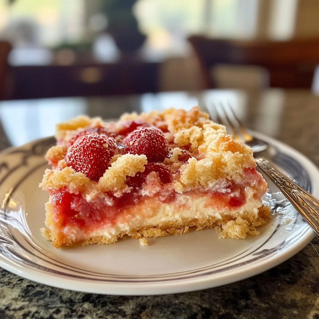 Delicious easy strawberry cheesecake dump cake topped with fresh strawberries