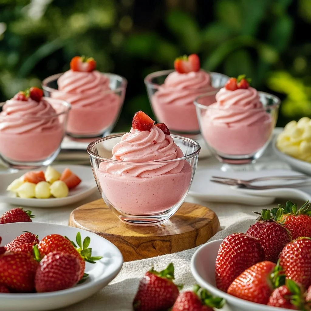 Bowl of easy strawberry mousse topped with fresh strawberries