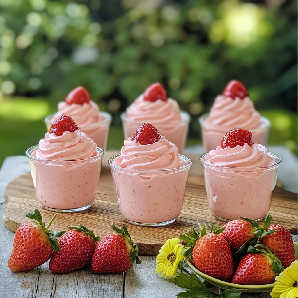 Delicious easy strawberry mousse topped with fresh strawberries and mint