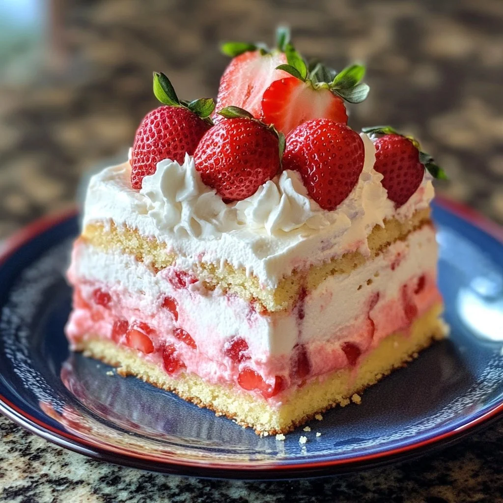 Easy Strawberry Poke Cake with fresh strawberries and whipped cream topping