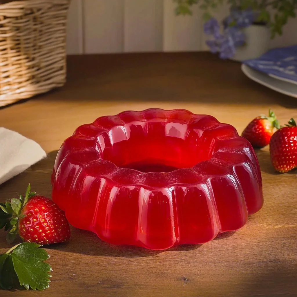 Elegant strawberry jelly cake decorated with fresh strawberries and a glossy glaze.