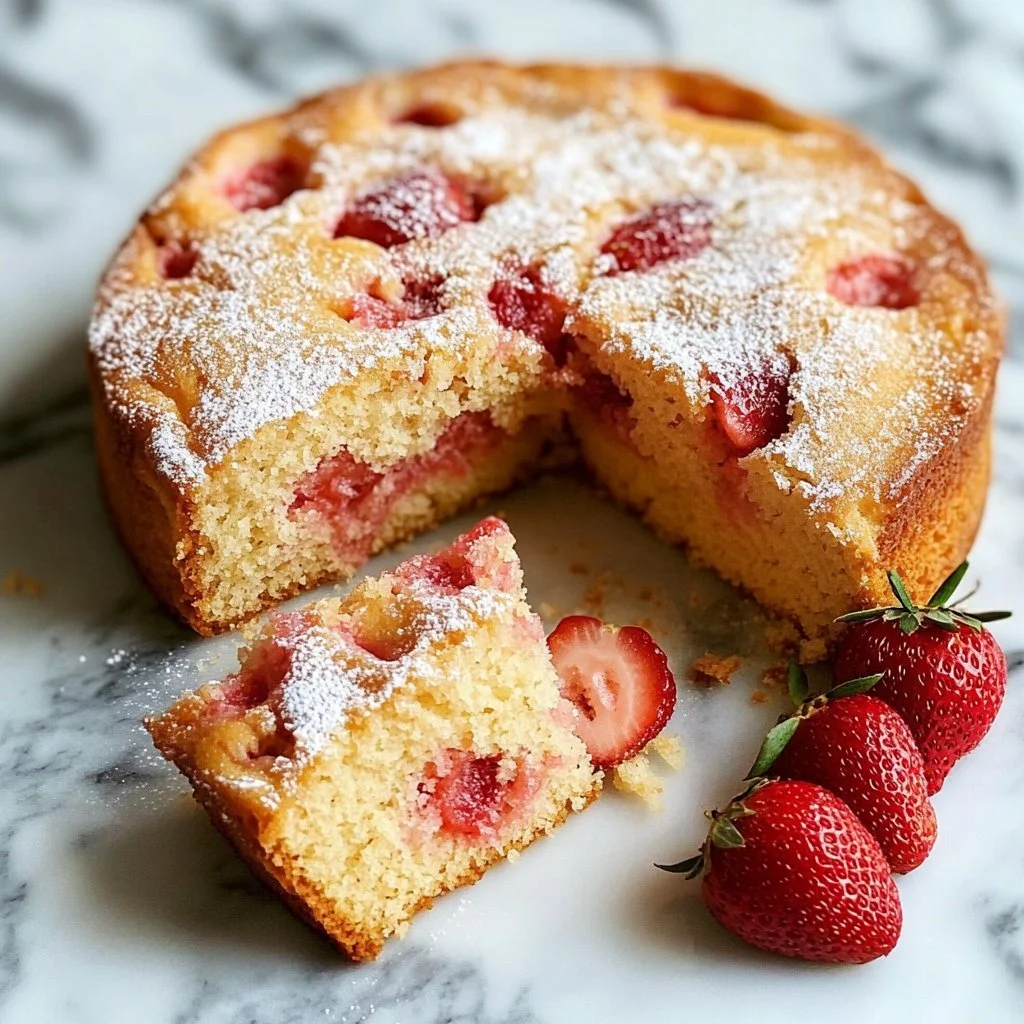 Delicious French strawberry cake topped with fresh strawberries and cream