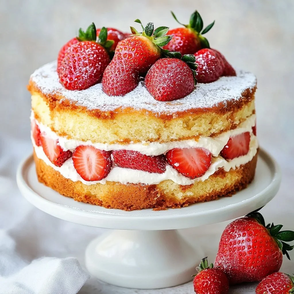 A slice of French Strawberry Cake adorned with fresh strawberries and whipped cream