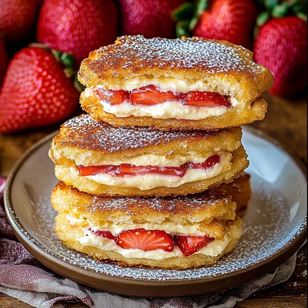 Fried strawberry cheesecake sandwiches served on a plate with strawberries