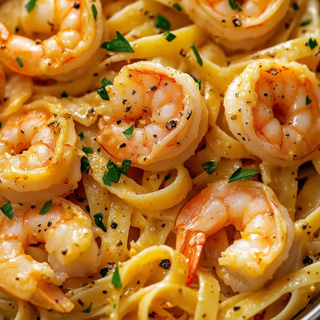 Delicious garlic butter prawn pasta garnished with fresh herbs