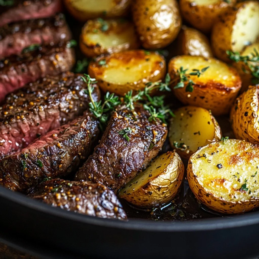 Garlic Butter Steak and Potatoes Skillet served on a plate