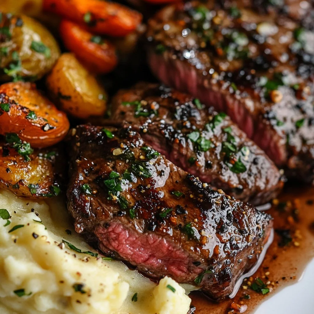 Garlic butter steak bites served with rich Parmesan cream sauce