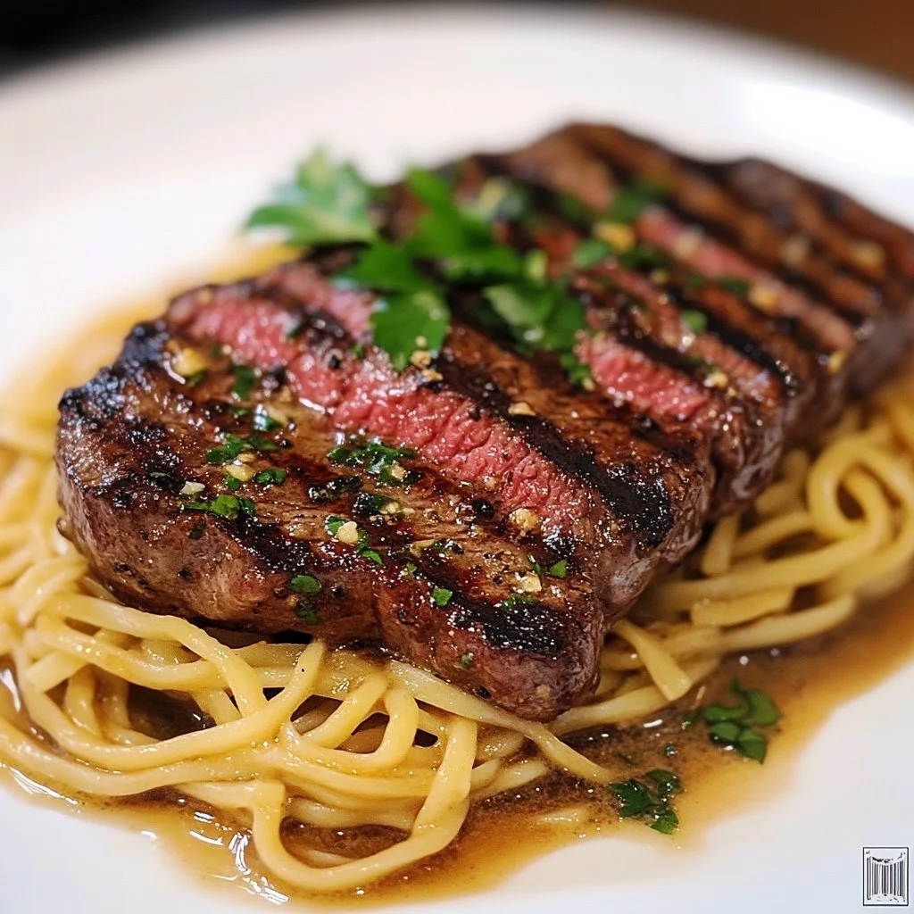 Garlic Butter Steak Lightning Noodles plated with fresh herbs and garnishes