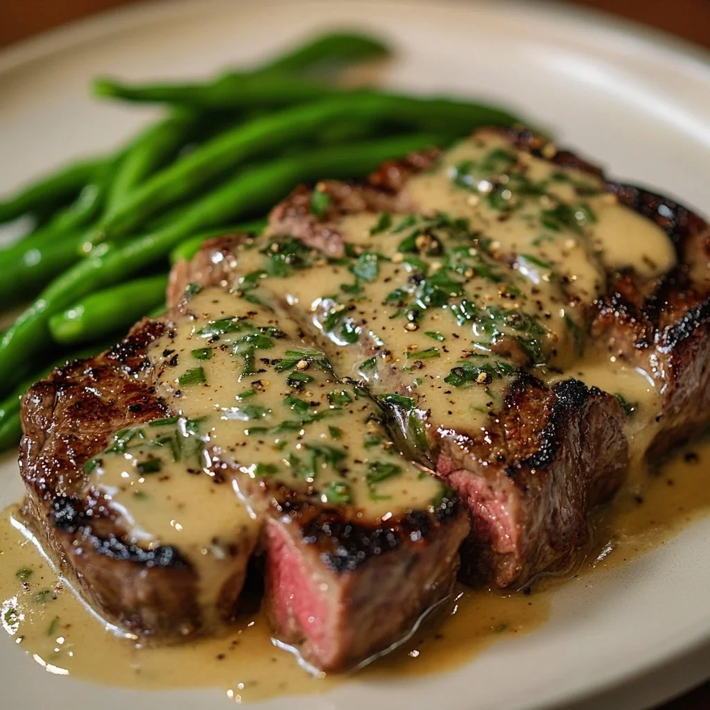 Garlic Butter Steak drizzled with creamy Parmesan sauce on a white plate.