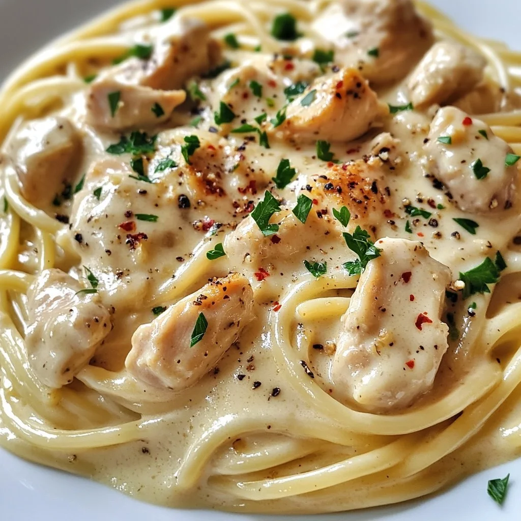 Creamy Garlic Parmesan Chicken Pasta with herbs and chicken pieces