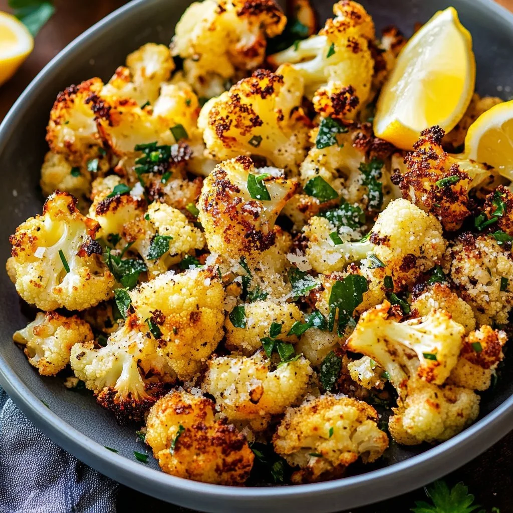 Delicious Garlic-Parmesan Cauliflower roasted to perfection.