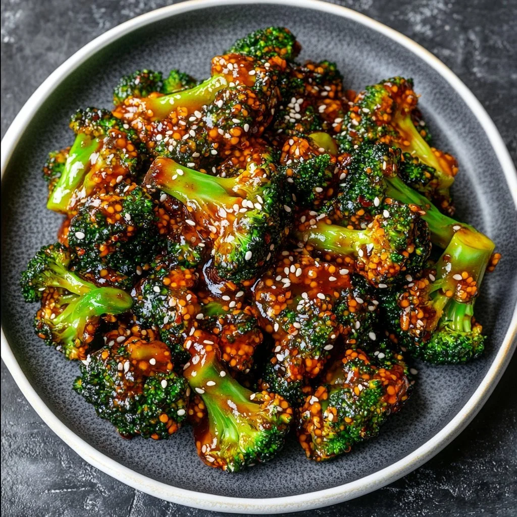 Dish of Gochujang broccoli served on a plate, showcasing vibrant colour and texture.