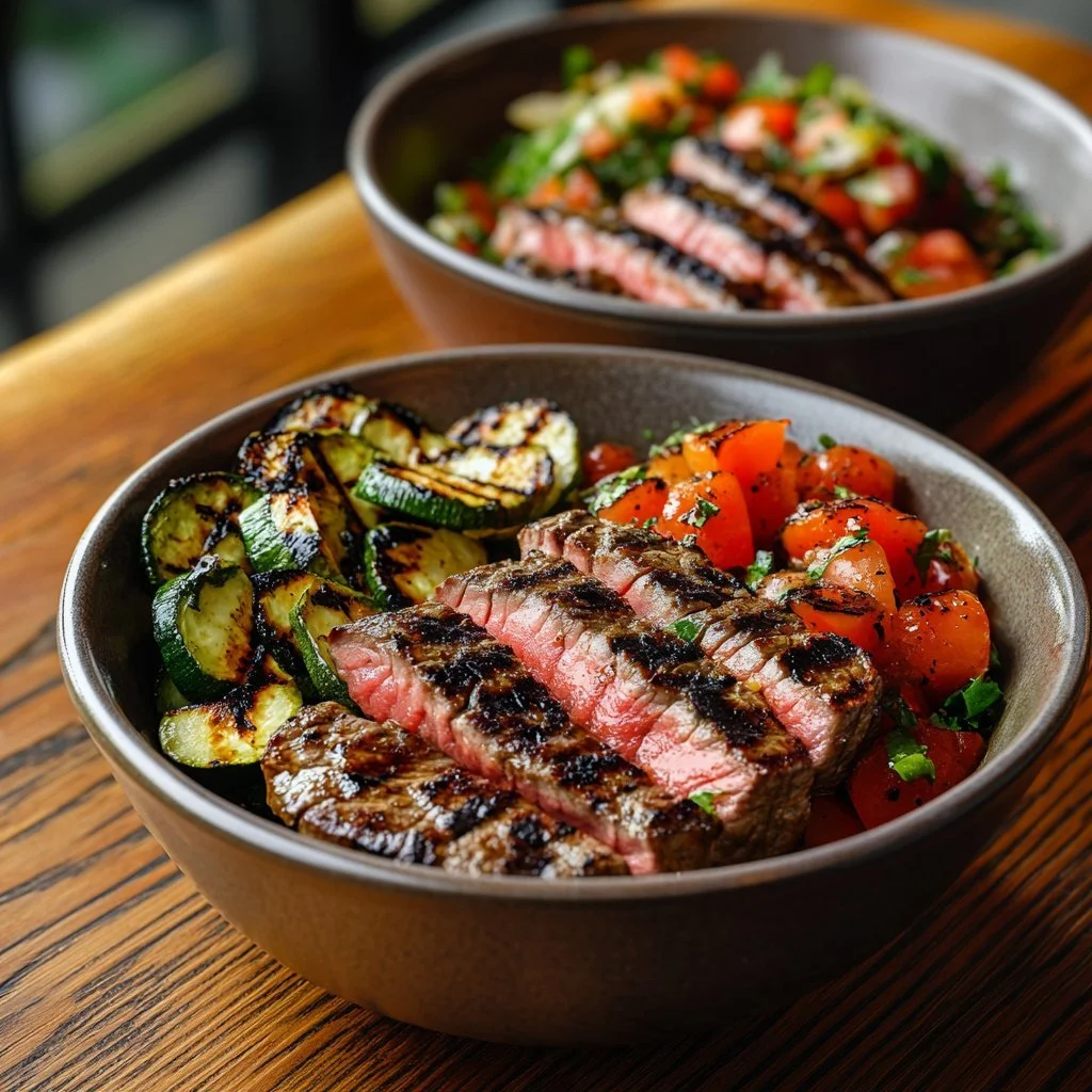 A delicious grilled steak bowl with fresh vegetables and flavourful toppings.