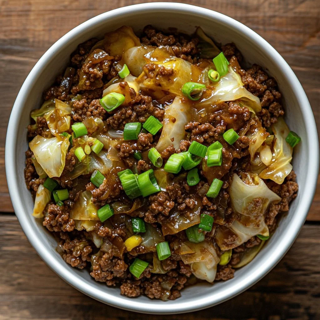 Ground beef and cabbage stir-fry served with rice in a vibrant bowl.