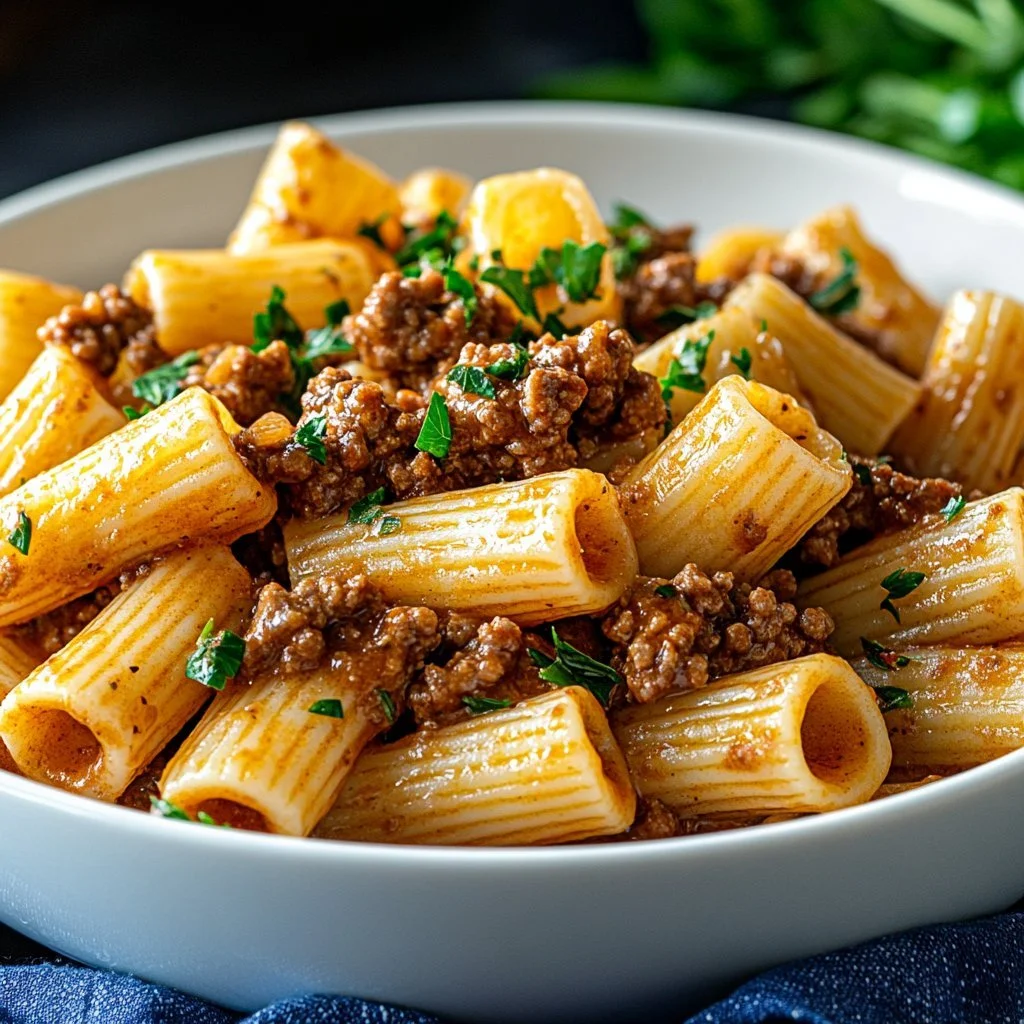 Ground beef pasta dish served with herbs and cheese in a bowl
