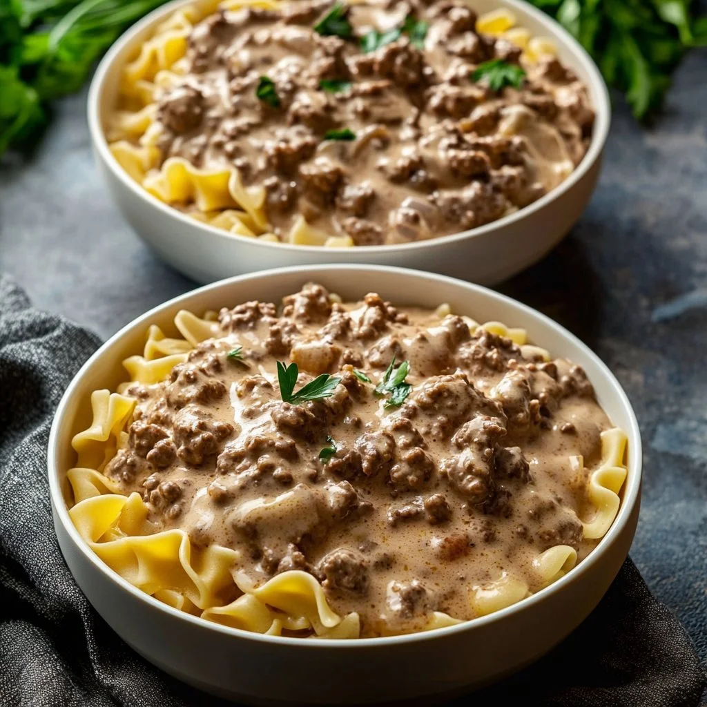 Delicious bowl of Ground Beef Stroganoff topped with fresh parsley